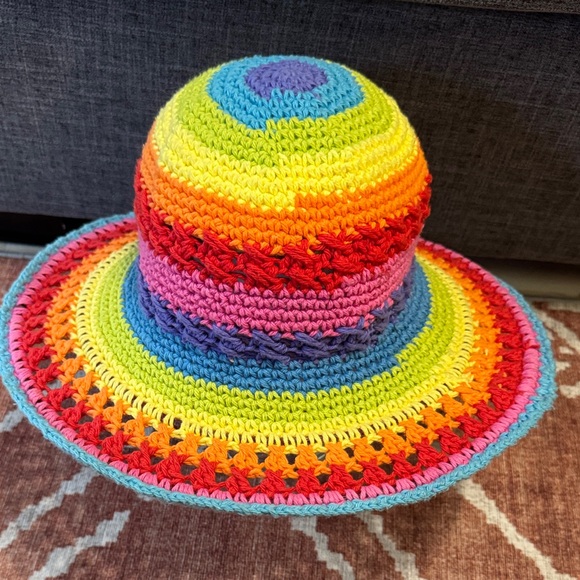 Accessories - Handmade Crochet Rainbow Bucket Hat w/ Wired Brim Boho Festival Sun Hat